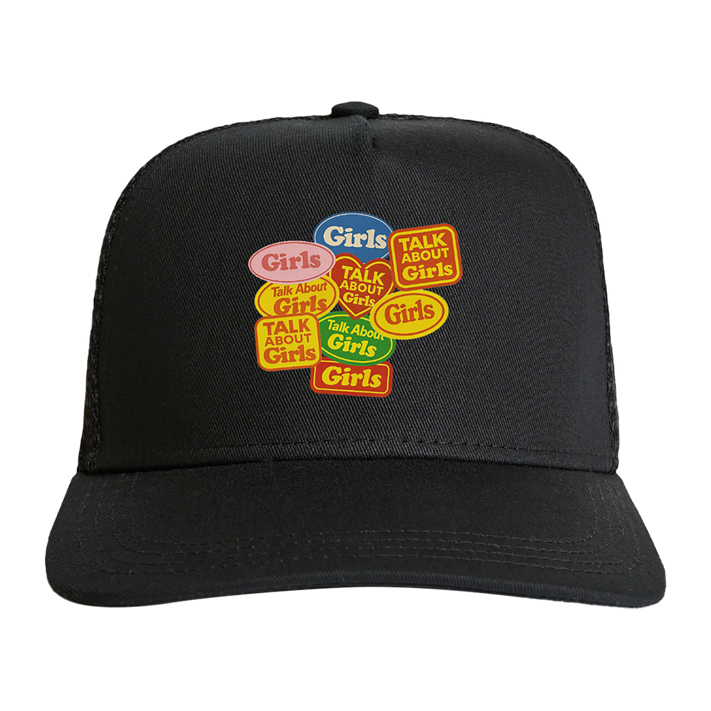 Black cap with colorful 'Girls Talk About Girls' text patch design across the front
