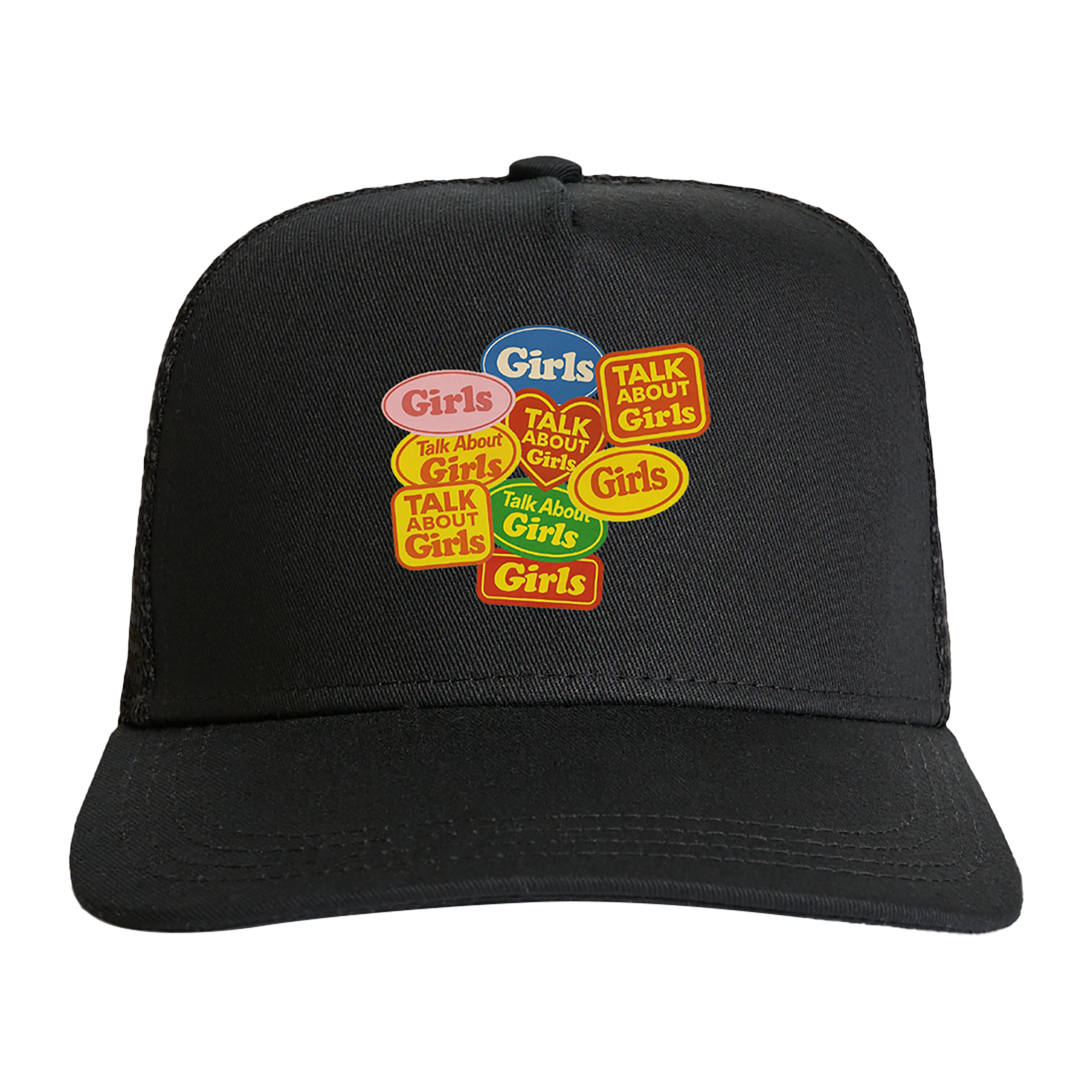 Black cap with colorful 'Girls Talk About Girls' text patch design across the front