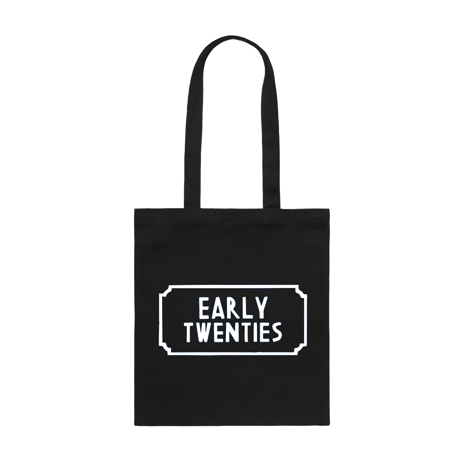Black cotton tote bag featuring the Cat Burns “Early Twenties” print across the front.