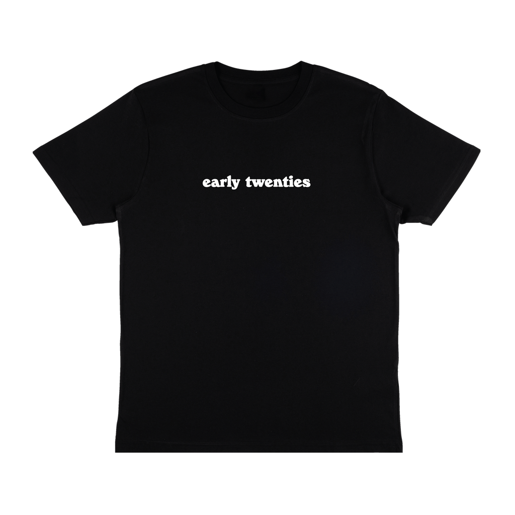 Front view of a black short-sleeve regular fit T-shirt with a white “early twenties” print centred across the chest.