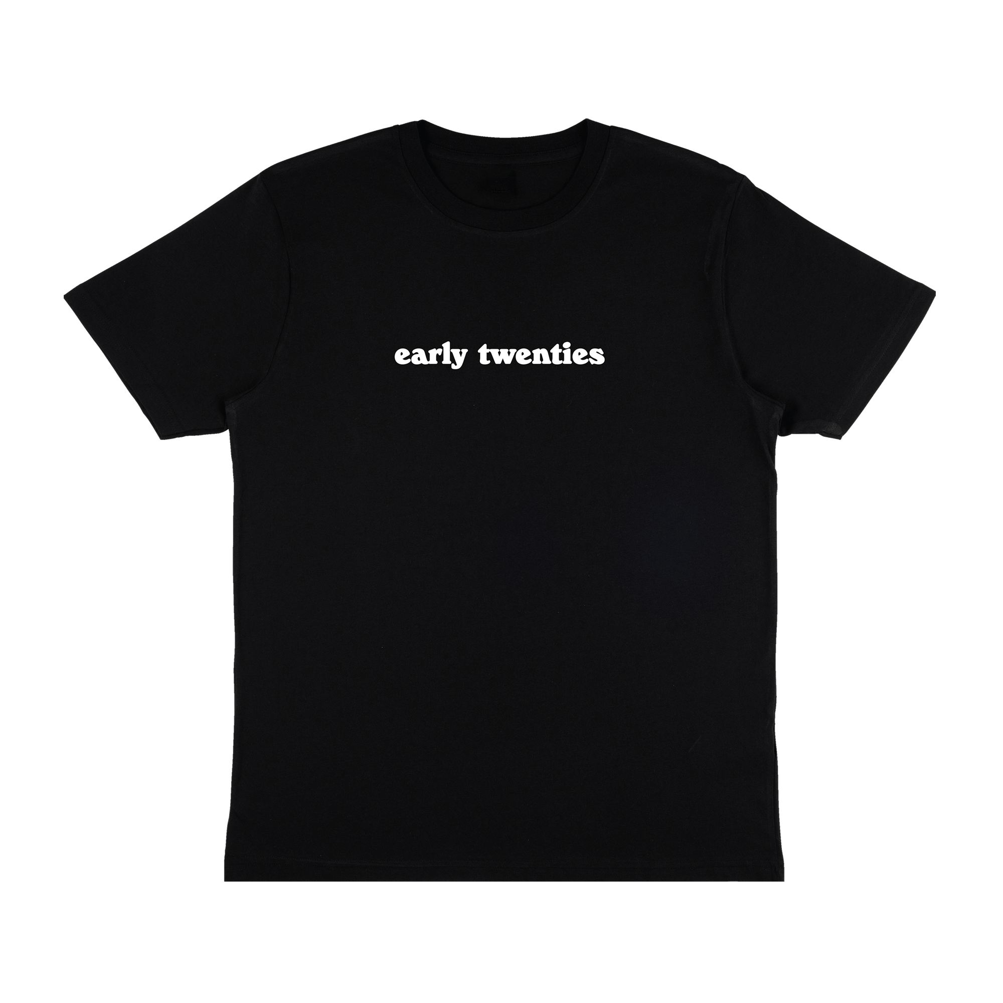 Front view of a black short-sleeve regular fit T-shirt with a white “early twenties” print centred across the chest.