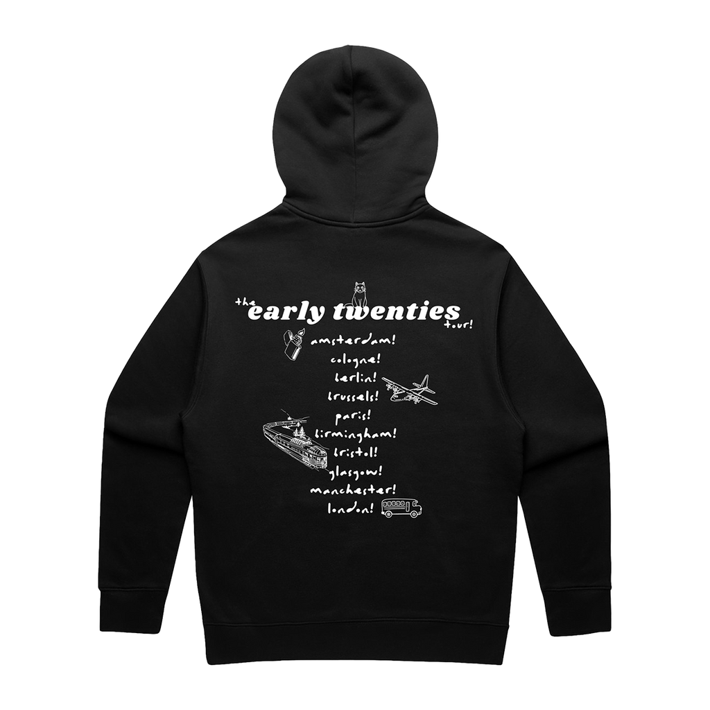 Back view of a black unisex oversized fit hoodie featuring an ecru “the early twenties” tour date print across the back.