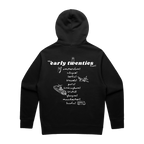 Back view of a black unisex oversized fit hoodie featuring an ecru “the early twenties” tour date print across the back.