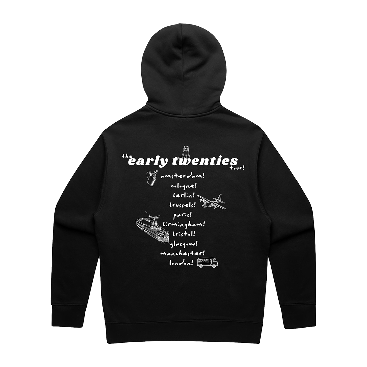Back view of a black unisex oversized fit hoodie featuring an ecru “the early twenties” tour date print across the back.