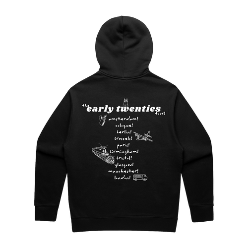 Back view of a black unisex oversized fit hoodie featuring an ecru “the early twenties” tour date print across the back.