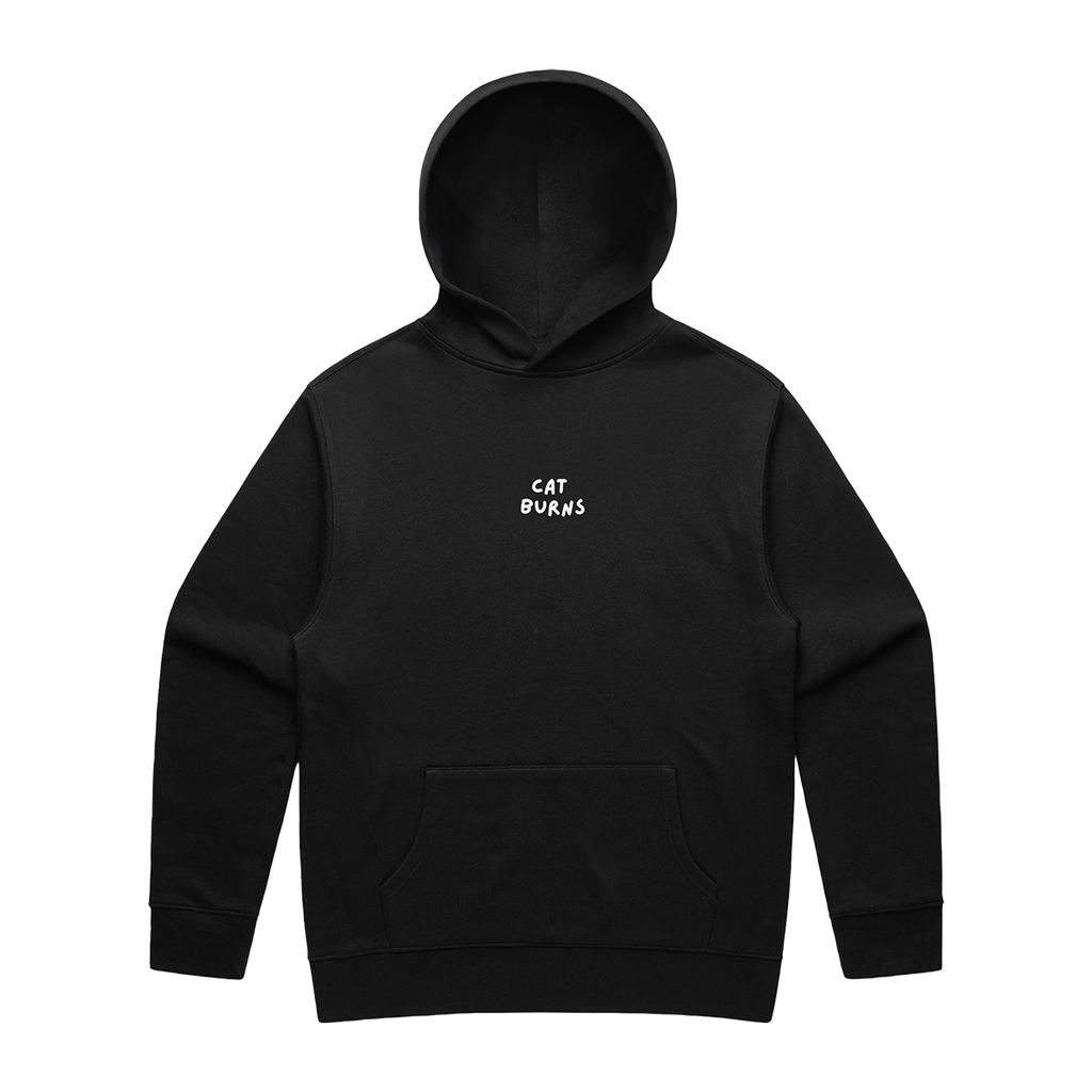 Front view of a black oversized fit hoodie featuring a front pocket and a small ecru “CAT BURNS” text print centred on the chest.