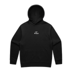 Front view of a black oversized fit hoodie featuring a front pocket and a small ecru “CAT BURNS” text print centred on the chest.