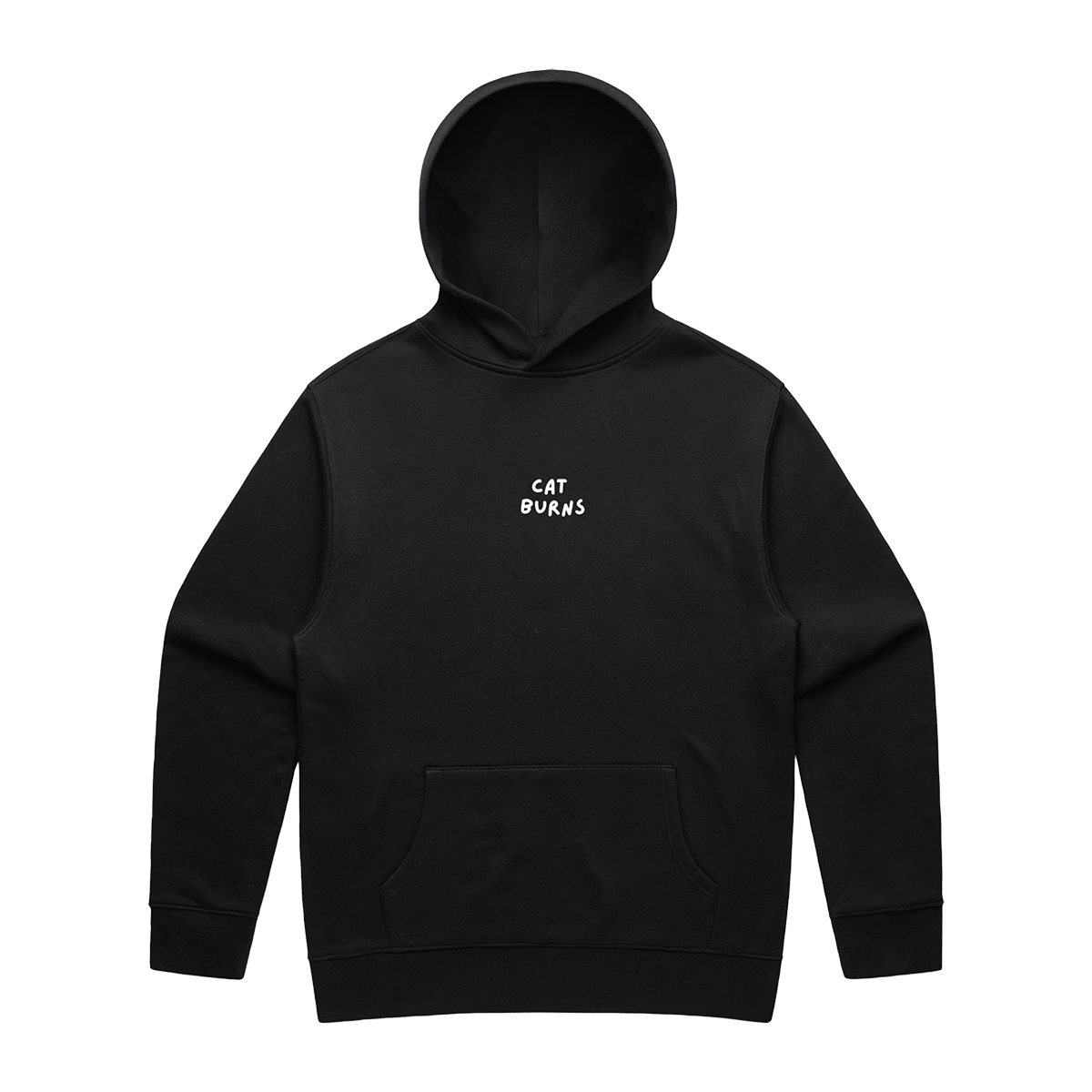 Front view of a black oversized fit hoodie featuring a front pocket and a small ecru “CAT BURNS” text print centred on the chest.