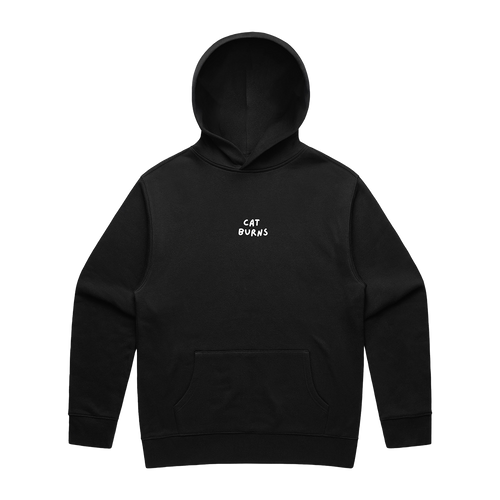 Front view of a black oversized fit hoodie featuring a front pocket and a small ecru “CAT BURNS” text print centred on the chest.