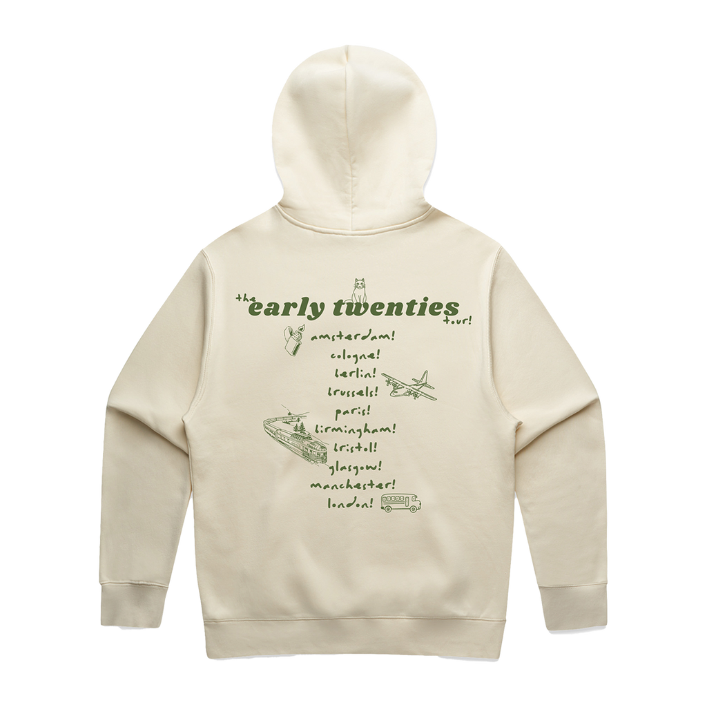 Back view of an ecru unisex oversized fit hoodie featuring an olive green “the early twenties” tour date print across the back.