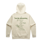 Back view of an ecru unisex oversized fit hoodie featuring an olive green “the early twenties” tour date print across the back.