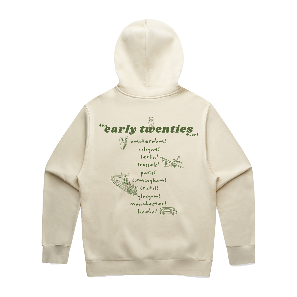 Back view of an ecru unisex oversized fit hoodie featuring an olive green “the early twenties” tour date print across the back.