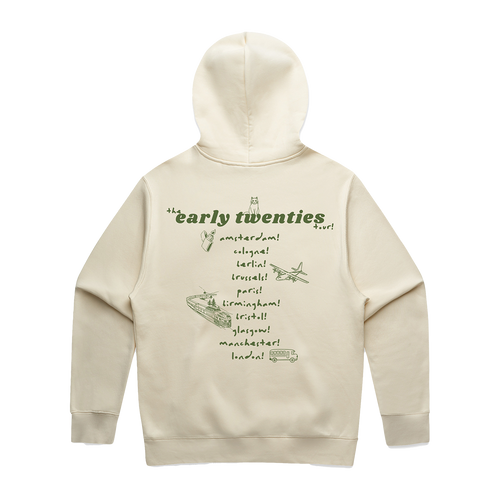 Back view of an ecru unisex oversized fit hoodie featuring an olive green “the early twenties” tour date print across the back.