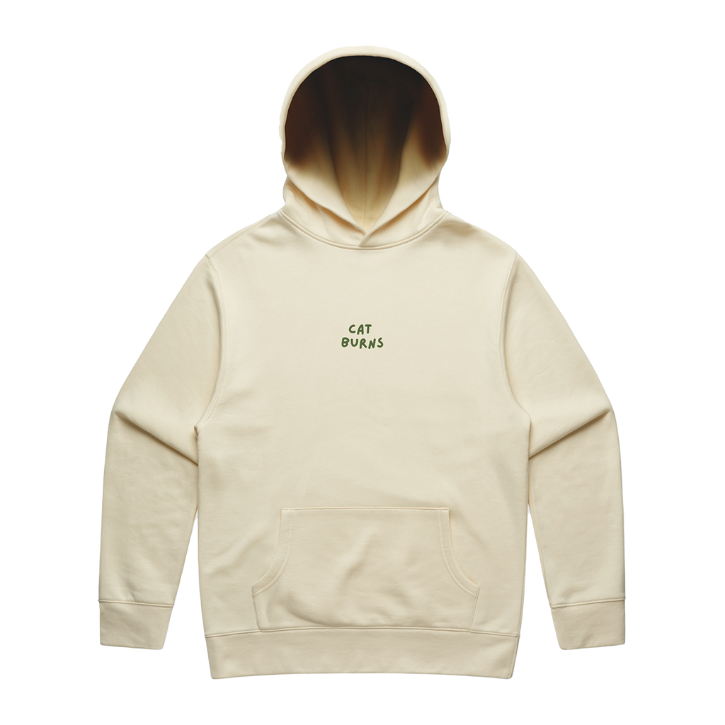 Front view of an ecru oversized fit hoodie with a front pocket and a small olive green “CAT BURNS” text print centred on the chest.
