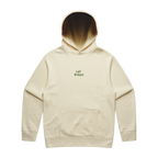 Front view of an ecru oversized fit hoodie with a front pocket and a small olive green “CAT BURNS” text print centred on the chest.
