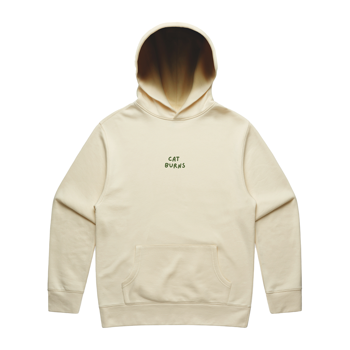 Front view of an ecru oversized fit hoodie with a front pocket and a small olive green “CAT BURNS” text print centred on the chest.
