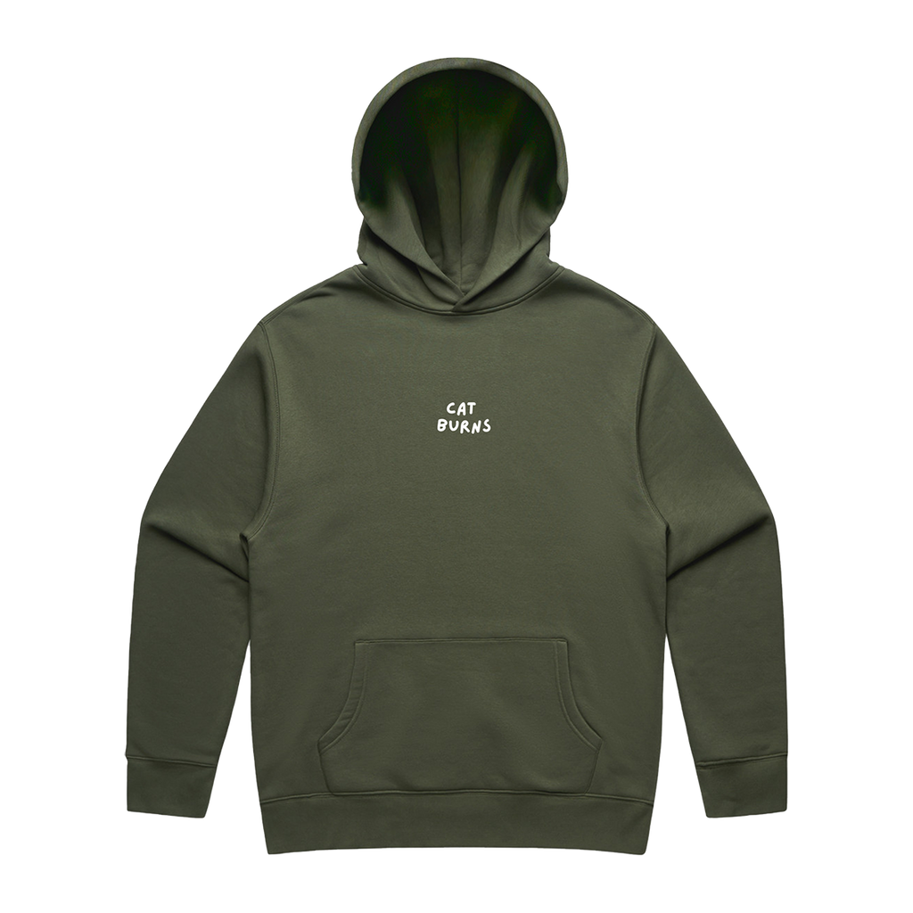 Front view of an olive green oversized fit hoodie with a front pocket and a small ecru “CAT BURNS” text print centred on the chest.