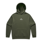 Front view of an olive green oversized fit hoodie with a front pocket and a small ecru “CAT BURNS” text print centred on the chest.