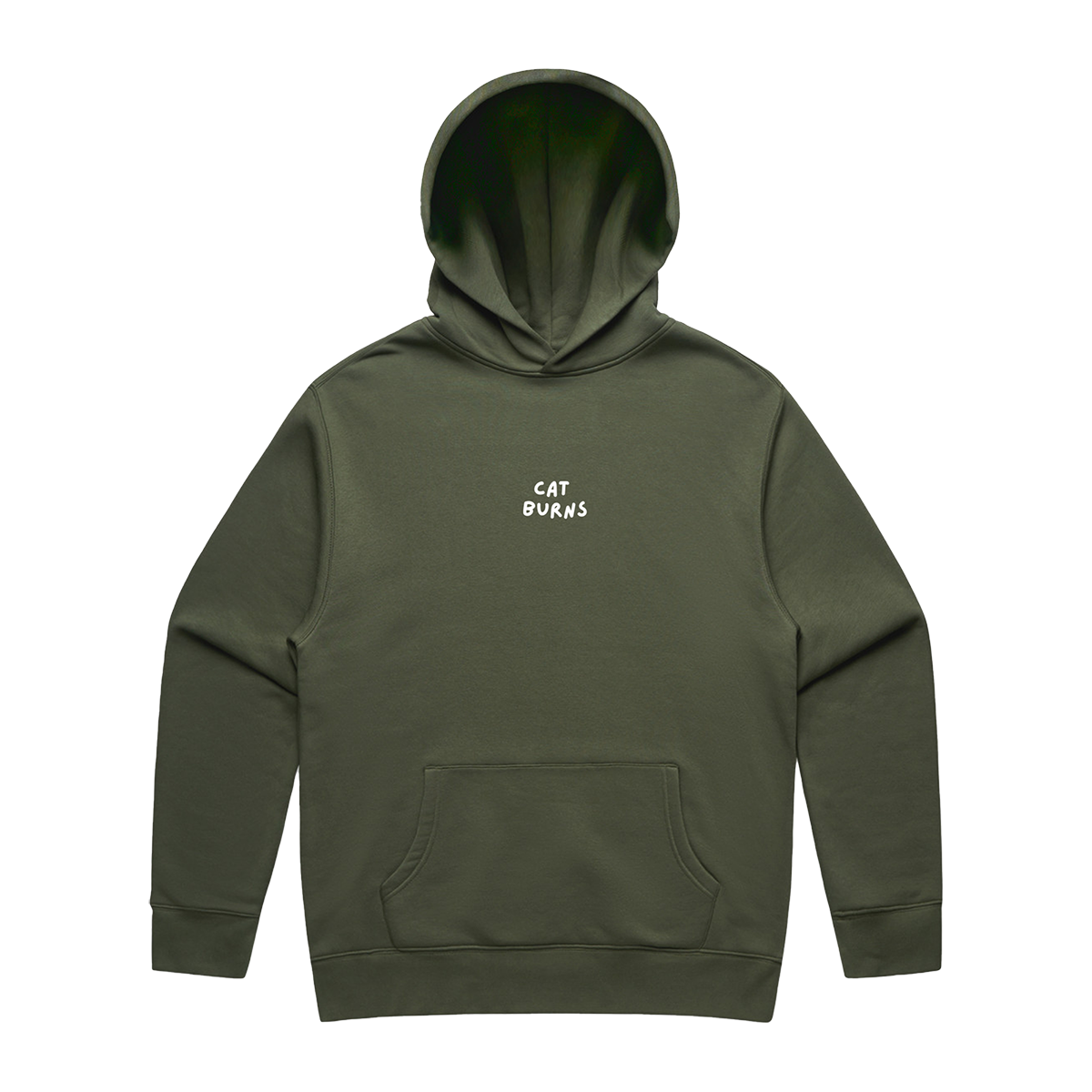 Front view of an olive green oversized fit hoodie with a front pocket and a small ecru “CAT BURNS” text print centred on the chest.