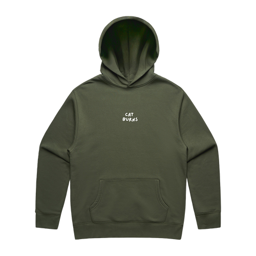 Front view of an olive green oversized fit hoodie with a front pocket and a small ecru “CAT BURNS” text print centred on the chest.
