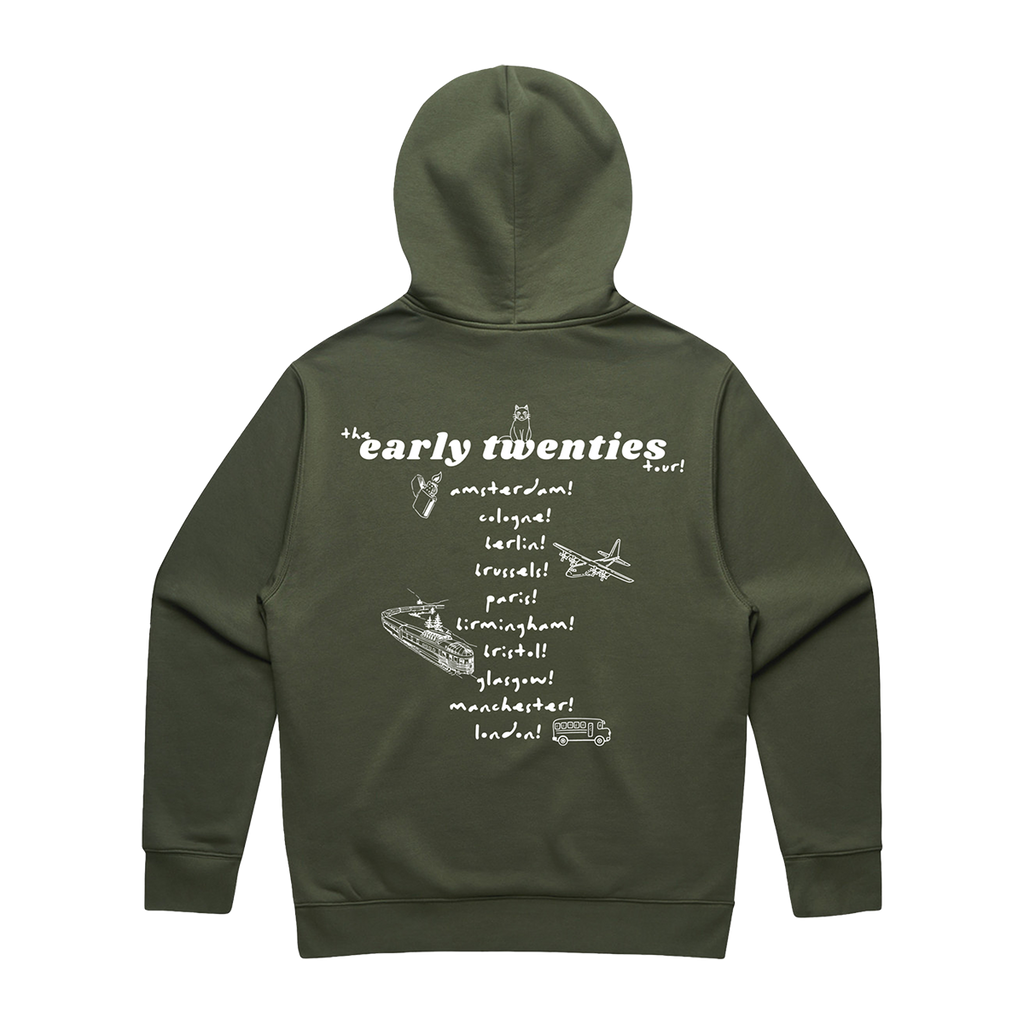 Back view of an olive green unisex oversized fit hoodie featuring an ecru “the early twenties” tour date print across the back.