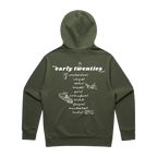 Back view of an olive green unisex oversized fit hoodie featuring an ecru “the early twenties” tour date print across the back.
