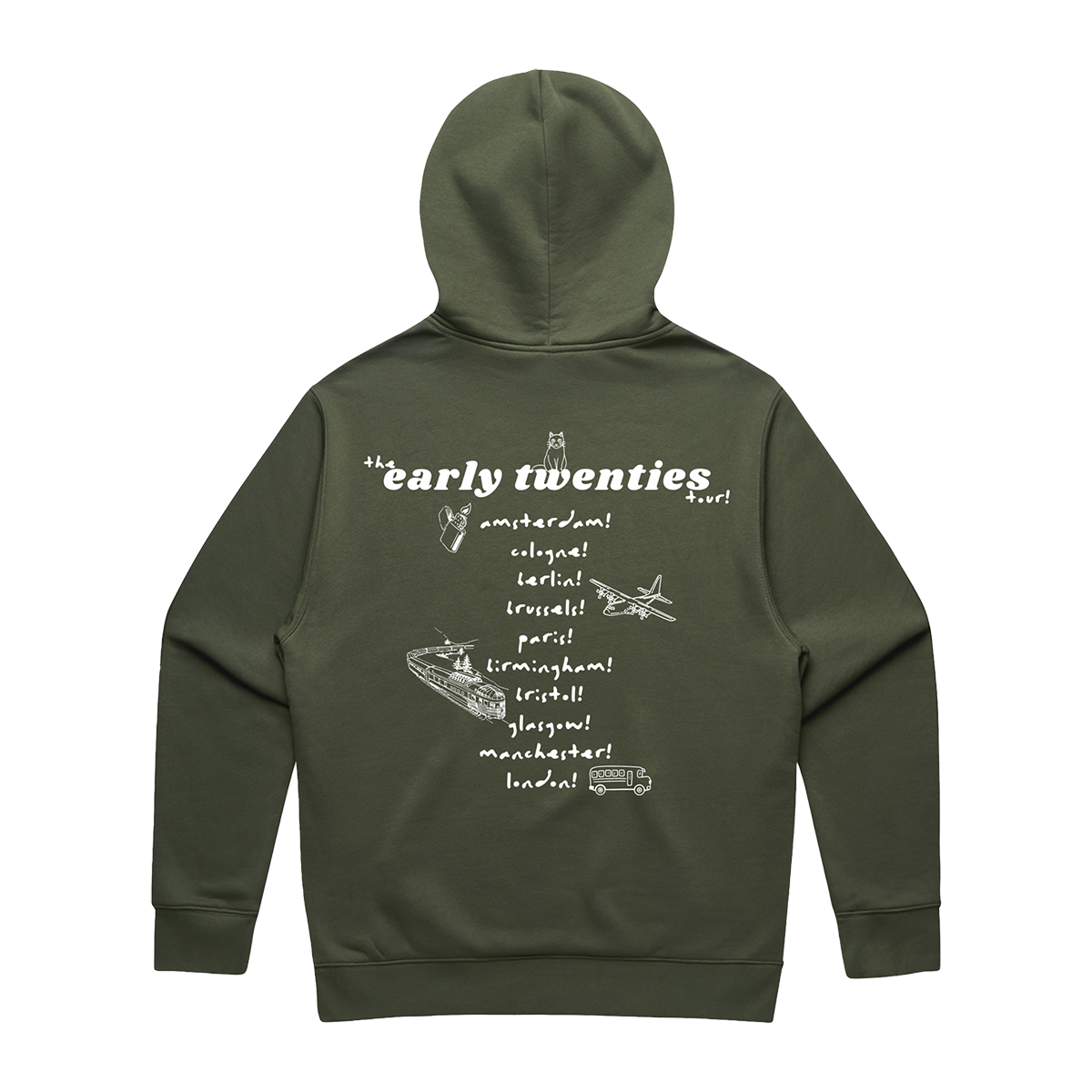 Back view of an olive green unisex oversized fit hoodie featuring an ecru “the early twenties” tour date print across the back.