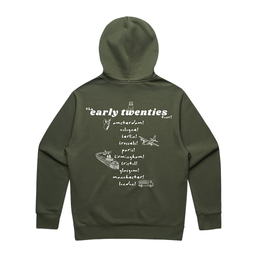 Back view of an olive green unisex oversized fit hoodie featuring an ecru “the early twenties” tour date print across the back.