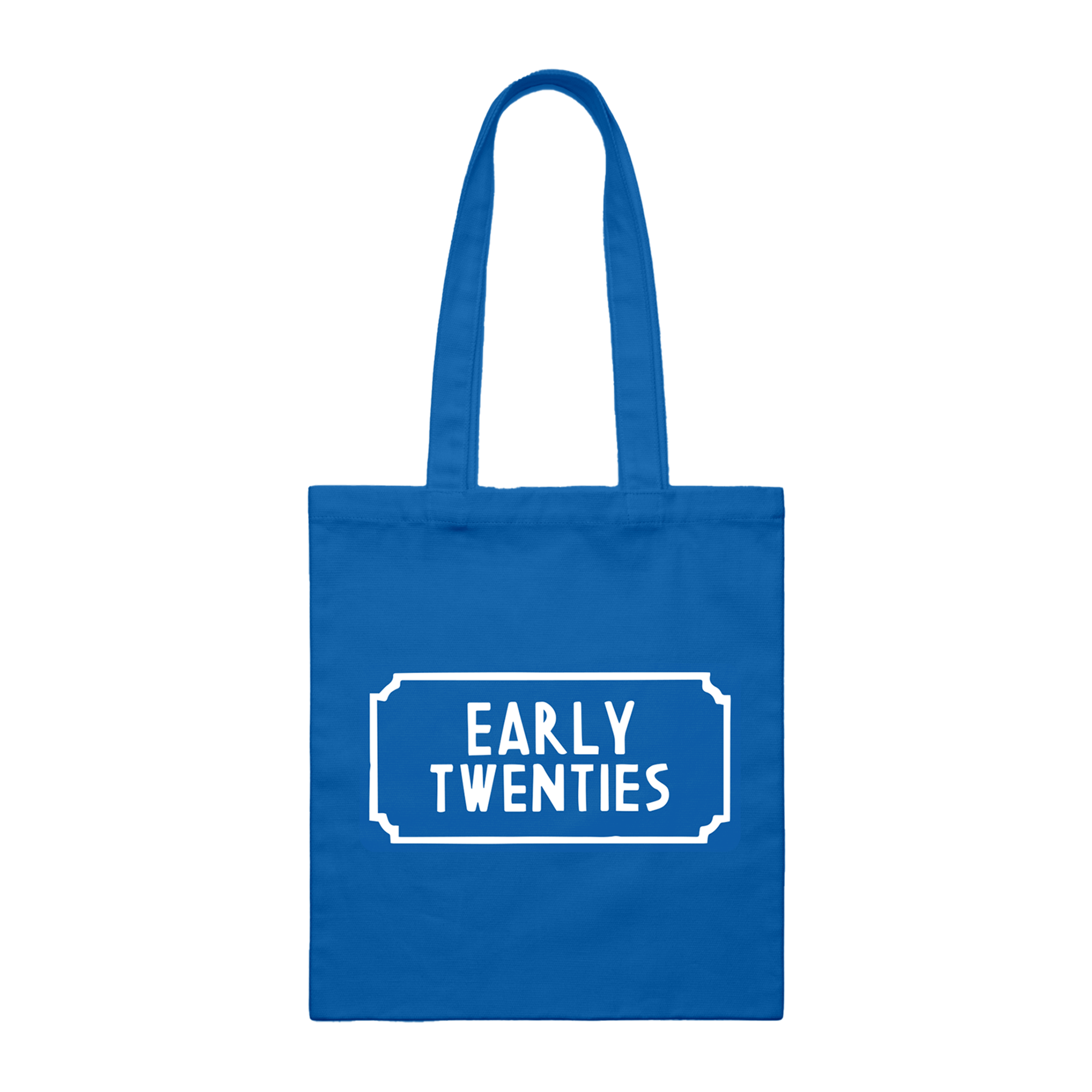 Blue cotton tote bag with white 'Early Twenties' print across the front