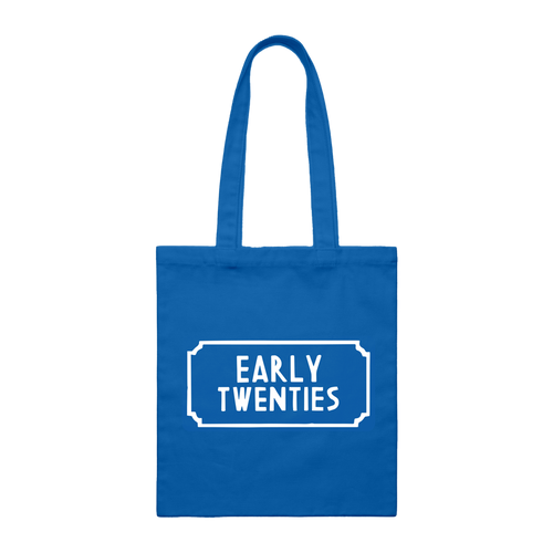 Blue cotton tote bag with white 'Early Twenties' print across the front