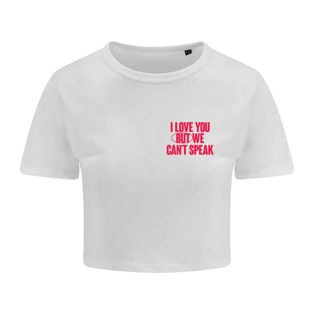 White Cat Burns crop top with pink text on a white background