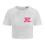 White Cat Burns crop top with pink text on a white background