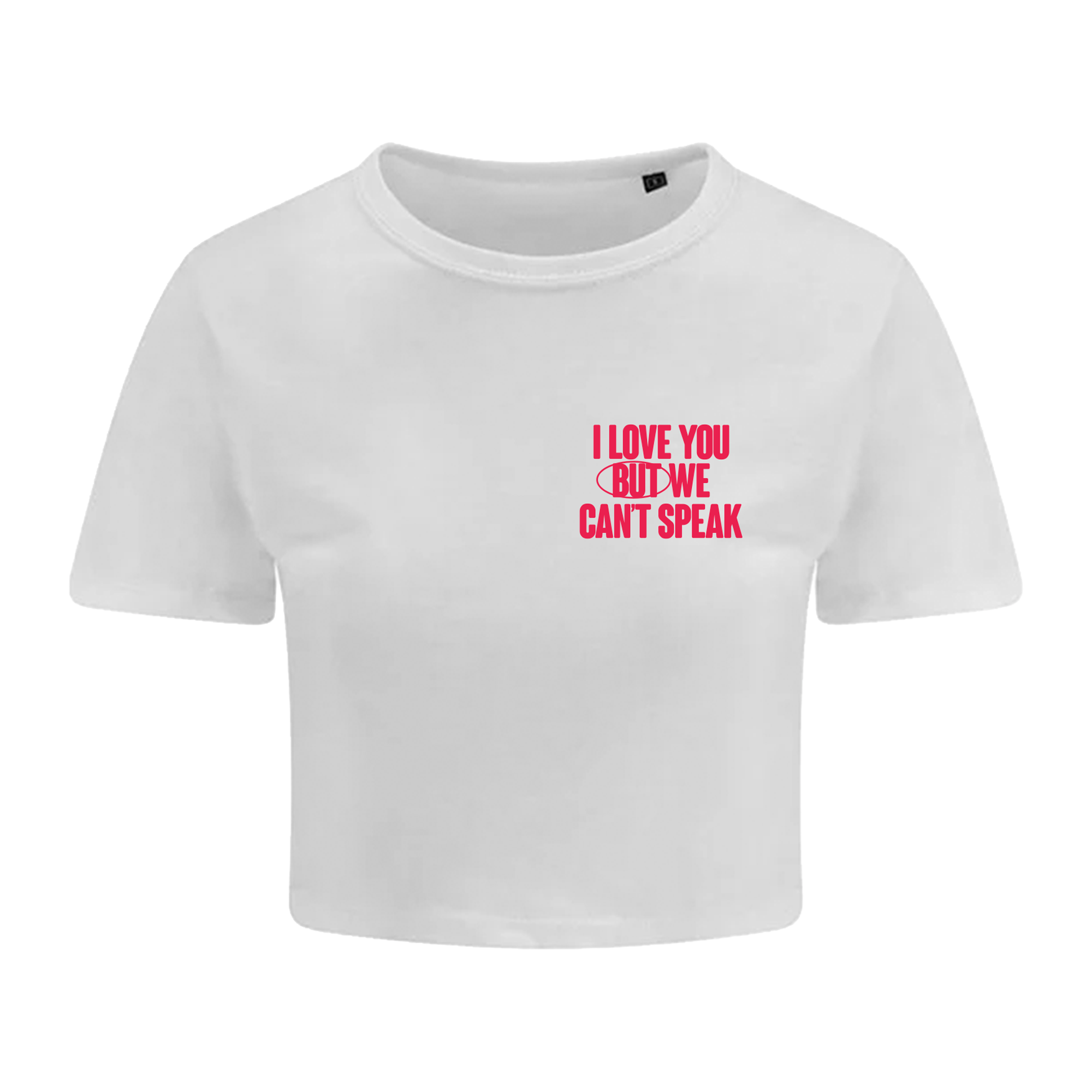 White Cat Burns crop top with pink text on a white background