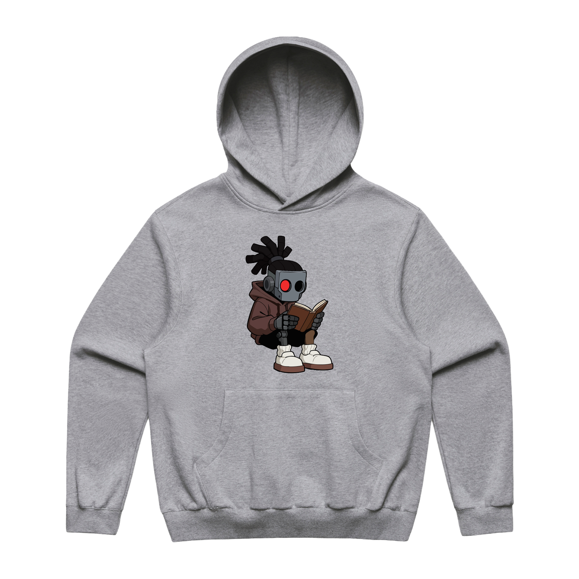 Gray Cat Burns hoodie with a graphic of a character reading a book