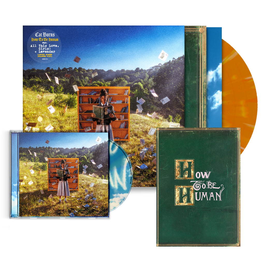 How To Be Human | Notebook Bundle including a Jewelcase CD, Orange Splatter Vinyl, and green notebook. 