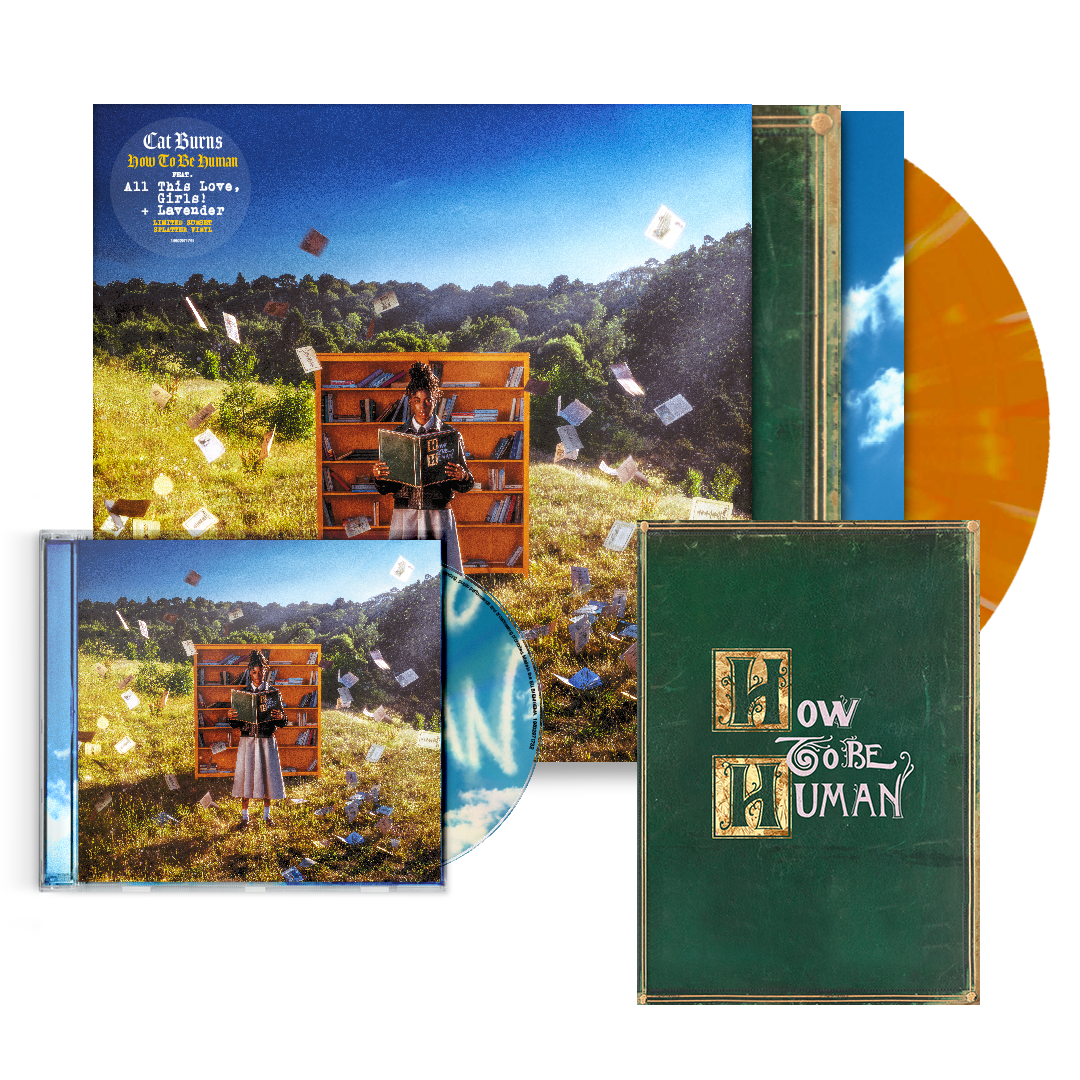 How To Be Human | Notebook Bundle including a Jewelcase CD, Orange Splatter Vinyl, and green notebook. 