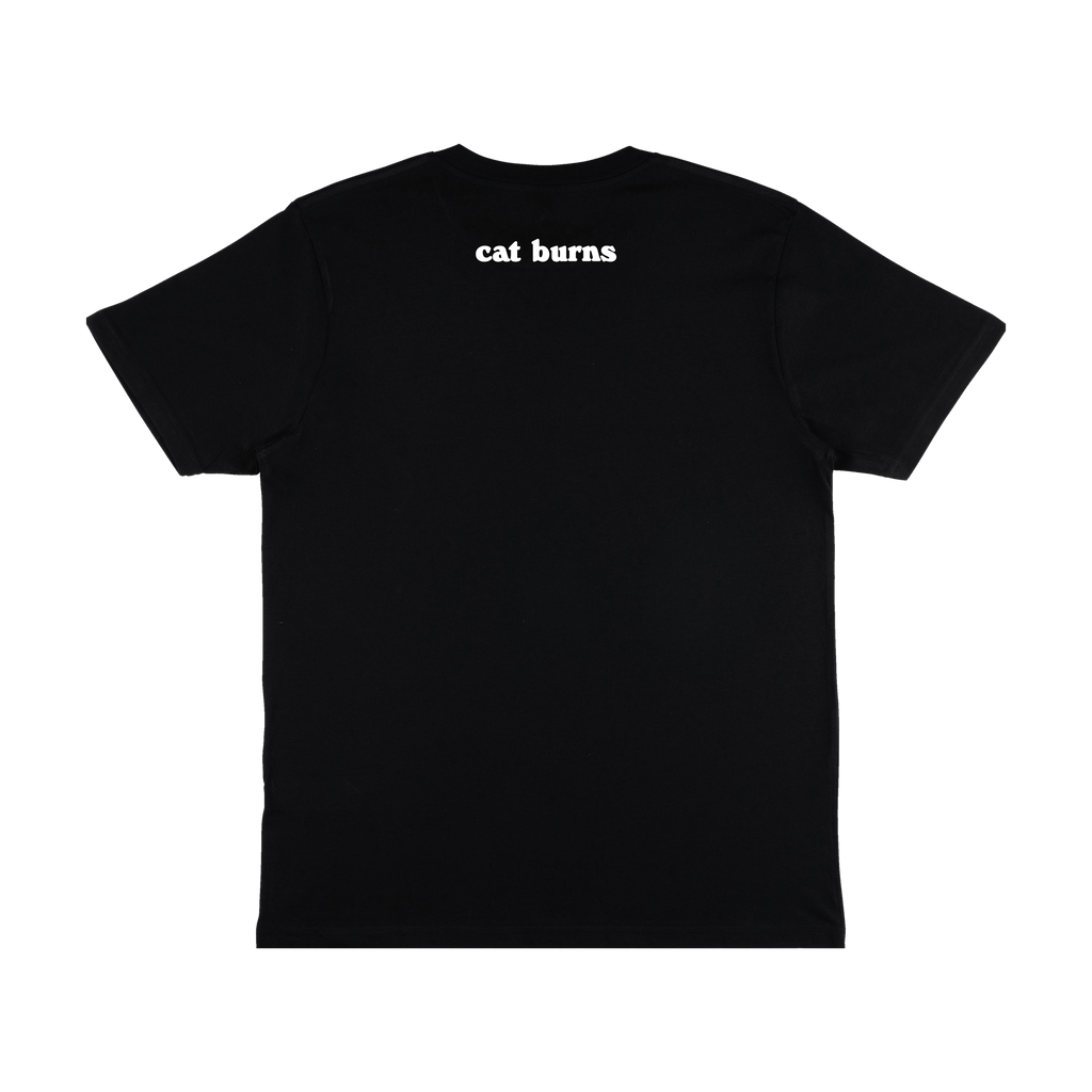 Back view of a black short-sleeve regular fit T-shirt featuring a white “cat burns” print at the top of the back.