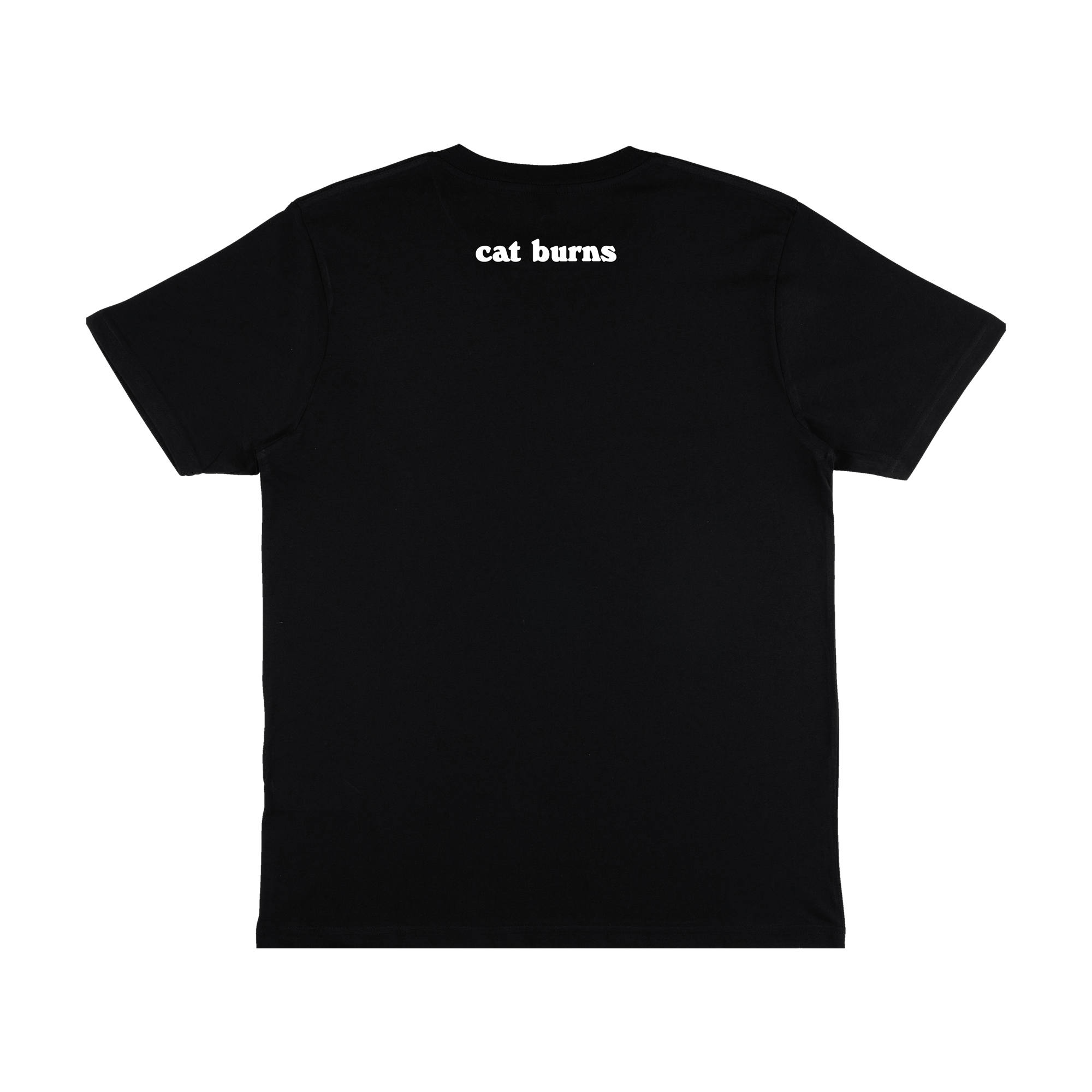 Back view of a black short-sleeve regular fit T-shirt featuring a white “cat burns” print at the top of the back.