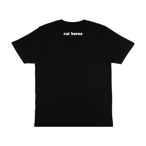 Back view of a black short-sleeve regular fit T-shirt featuring a white “cat burns” print at the top of the back.